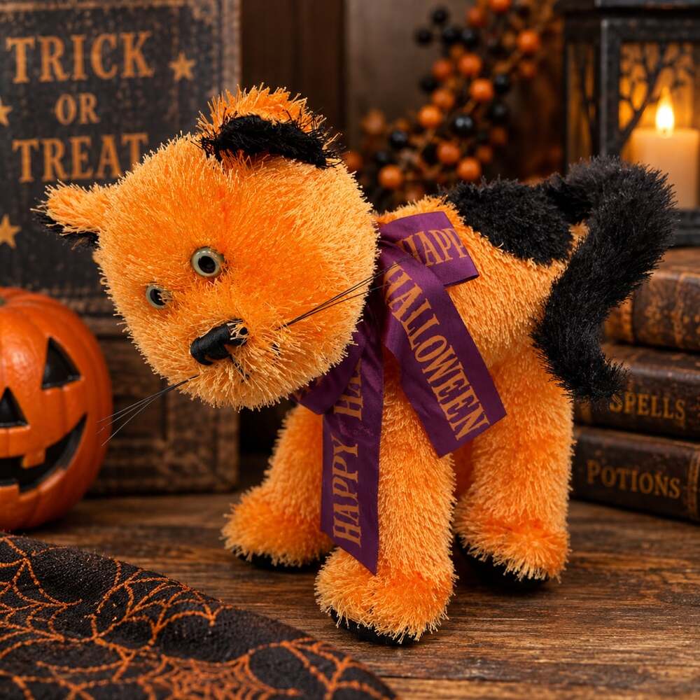 American Greetings Halloween Orange & Black Cat Plush Animal Kitty Decor Vtg